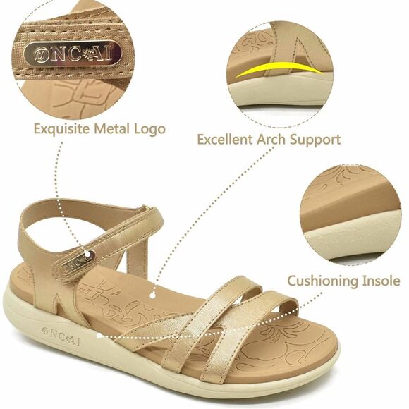 ONCAI Sandals Orthotic Arch Support Leather Lightweight Comfort Gold/Khaki Sz 9 - Picture 2 of 16